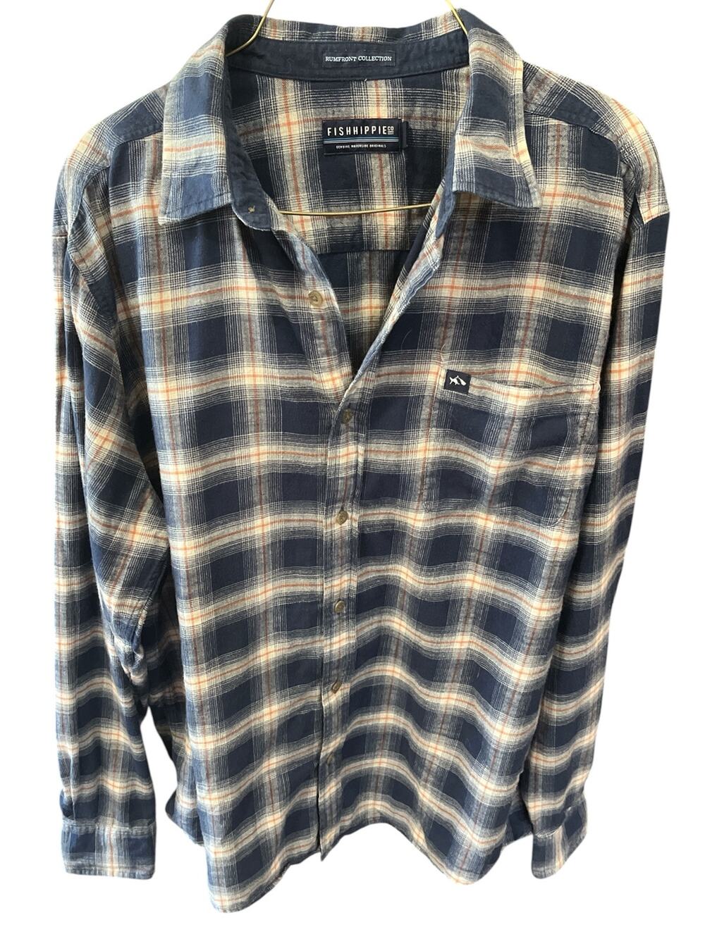 Fishhippi Shirt/Button-Rumfront Coll-Men-L-Blue/White Plaid-L Sleeve-Pocket-1080